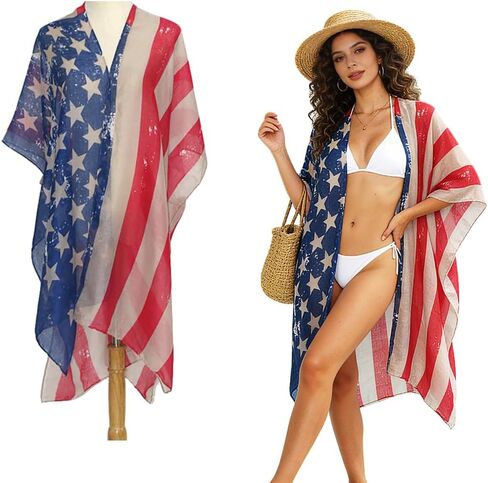 4th of July Women’s American Flag Beachwear Cover Up Patriotic Loose Kimono Cardigan Mesh Swimsuit Wrap Bikini Swimsuit Cover Up for Women Independence Day Celebration in Saudi Arabia
