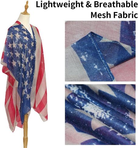 4th of July Women’s American Flag Beachwear Cover Up Patriotic Loose Kimono Cardigan Mesh Swimsuit Wrap Bikini Swimsuit Cover Up for Women Independence Day Celebration in Saudi Arabia