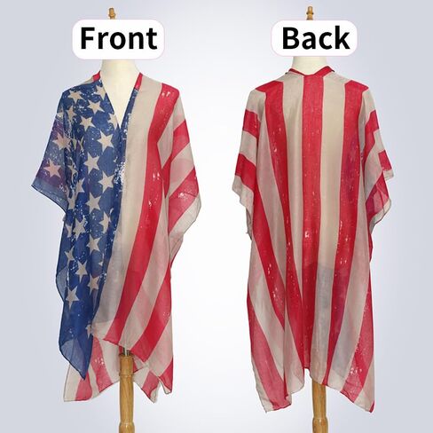 4th of July Women’s American Flag Beachwear Cover Up Patriotic Loose Kimono Cardigan Mesh Swimsuit Wrap Bikini Swimsuit Cover Up for Women Independence Day Celebration in Saudi Arabia