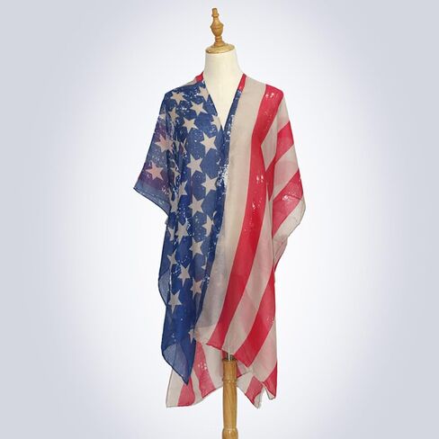 4th of July Women’s American Flag Beachwear Cover Up Patriotic Loose Kimono Cardigan Mesh Swimsuit Wrap Bikini Swimsuit Cover Up for Women Independence Day Celebration in Saudi Arabia