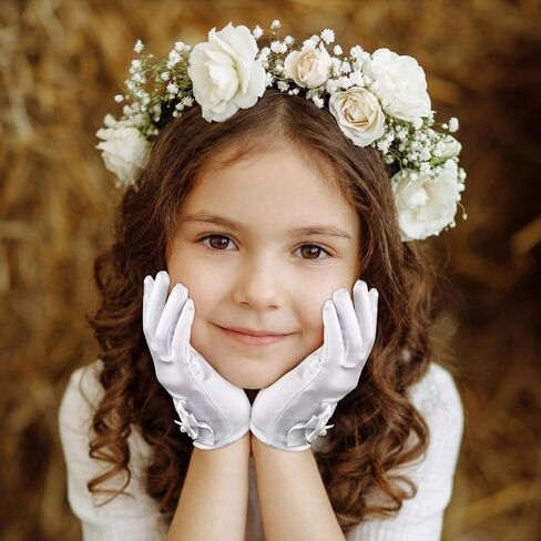 Yolev Girls White Gloves, Princess Dress Up First Communion Gloves for Girls, Satin Bow Glove for Tea Party, Wedding, First Communion, Formal Pageant in Kuwait
