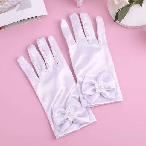 Yolev Girls White Gloves, Princess Dress Up First Communion Gloves for Girls, Satin Bow Glove for Tea Party, Wedding, First Communion, Formal Pageant in Kuwait