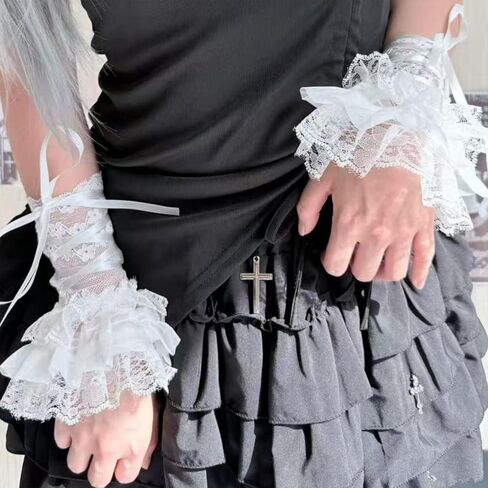 Lace Lolita Fingerless Gloves Gothic Y2K Hand Sleeve for Women Girls Tea Party Bridal Prom Wrist Cuff in Kuwait