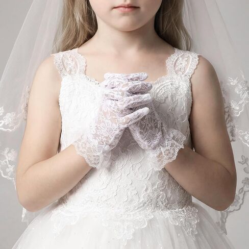 Girls Lace Gloves White Tea Party Gloves for Little Girls White Lace Princess Glove Short Princess Wedding Dress up Mitten Tea Party, Wedding, Pageant & Cosplay in Kuwait