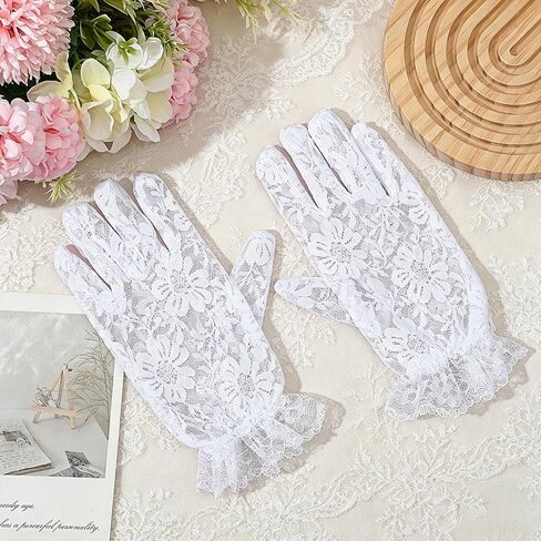 Girls Lace Gloves White Tea Party Gloves for Little Girls White Lace Princess Glove Short Princess Wedding Dress up Mitten Tea Party, Wedding, Pageant & Cosplay in Kuwait