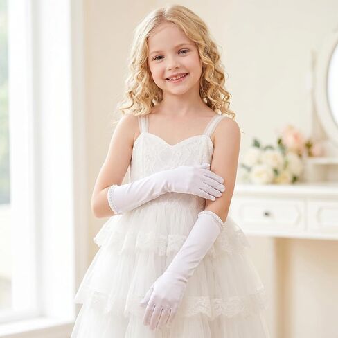 Long White Gloves for Girls, Princess Gloves with Pearls, Long White Glove for Children'S Parties, Weddings, Birthdays, And Other Occasions in Kuwait