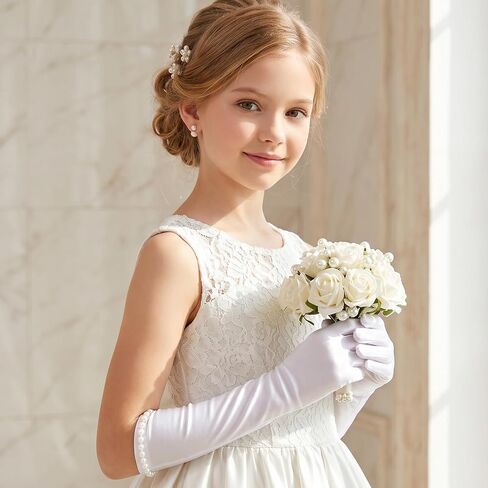 Long White Gloves for Girls, Princess Gloves with Pearls, Long White Glove for Children'S Parties, Weddings, Birthdays, And Other Occasions in Kuwait