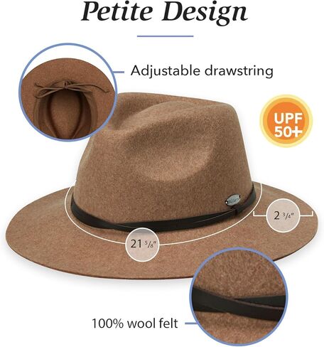 قبعة Wallaroo Hat Company الصغيرة للسيدات من Aspen Fedora - حماية من أشعة الشمس بعامل حماية من أشعة الشمس 50+، لباد صوف 100%، قابلة للتعديل، قابلة للتعبئة، جملي، صغير in Kuwait
