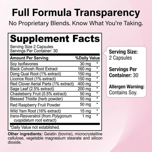 Menopause & Perimenopause Supplement for Women – Helps Ease Hot Flashes, Night Sweats & Mood Swings – Soy Isoflavones, Black Cohosh, Dong Quai, Red Clover, Sage & Vitex Herbal Complex, 60 Capsules in Saudi Arabia