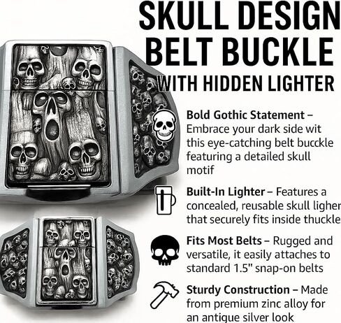 Skulls & Ghosts Lighter Belt Buckle – Skull?Embossed Zinc Alloy Cowboy Buckle with Hidden Refillable Lighter | Men’s Western Biker Gift in Kuwait