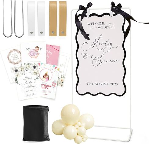 Wedding Welcome Sign Stand, Welcome to our Wedding Sign Holder, White Easel Stand for Sign Poster With Design Bundle & Ground Stakes & Leather Sign Hanging Straps, Linen Sign Stand for Wedding Decor in Saudi Arabia