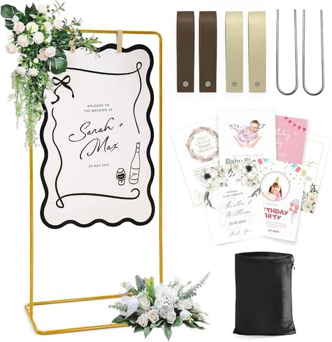 Wedding Welcome Sign Stand, Welcome to our Wedding Sign Holder, White Easel Stand for Sign Poster With Design Bundle & Ground Stakes & Leather Sign Hanging Straps, Linen Sign Stand for Wedding Decor in Saudi Arabia
