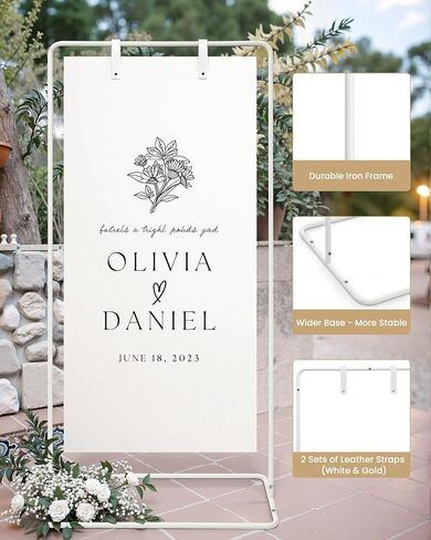 Wedding Welcome Sign Stand, Welcome to our Wedding Sign Holder, White Easel Stand for Sign Poster With Design Bundle & Ground Stakes & Leather Sign Hanging Straps, Linen Sign Stand for Wedding Decor in Saudi Arabia