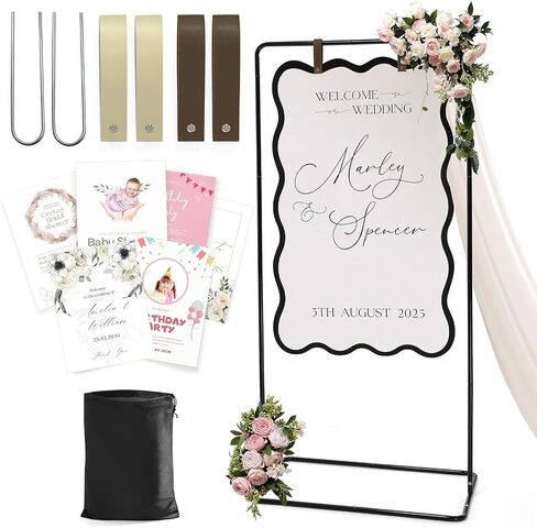 Wedding Welcome Sign Stand, Welcome to our Wedding Sign Holder, White Easel Stand for Sign Poster With Design Bundle & Ground Stakes & Leather Sign Hanging Straps, Linen Sign Stand for Wedding Decor in Saudi Arabia