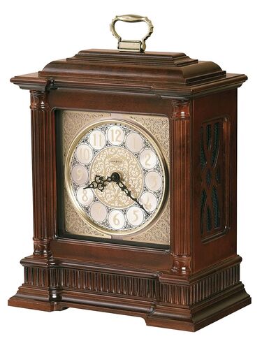 Howard Miller Akron II Mantel Clock | Windsor Finish, Dual-Chime Kieninger Movement, Arabic Numerals, Brass Accents | Made in USA in Kuwait