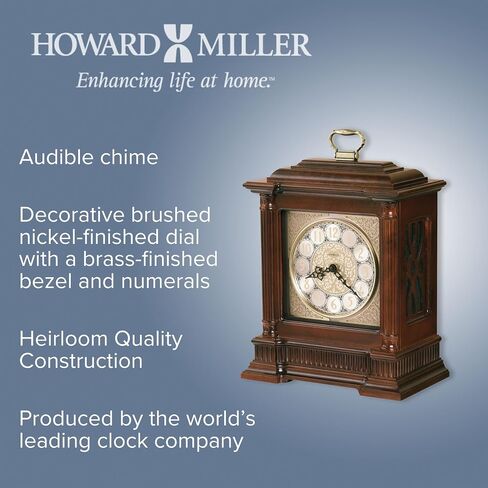 Howard Miller Akron II Mantel Clock | Windsor Finish, Dual-Chime Kieninger Movement, Arabic Numerals, Brass Accents | Made in USA in Kuwait
