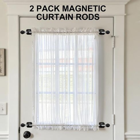 2 Pack Magnetic Curtain Rod for Metal Doors, French Door Curtain Rods Adjustable from 17 to 40 Inch, Magnetic Cafe Curtains Rod, No Tool and Easy Installation, Renter Friendly Upgrades,Black in Saudi Arabia