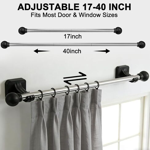 2 Pack Magnetic Curtain Rod for Metal Doors, French Door Curtain Rods Adjustable from 17 to 40 Inch, Magnetic Cafe Curtains Rod, No Tool and Easy Installation, Renter Friendly Upgrades,Black in Saudi Arabia