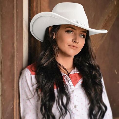DRESHOW Glitter Cowboy Hat Classic Western Rhinestone Cowgirl Hat Outdoor Wide Brim Retro Felt Fedora Hats Rolled up Caps in Kuwait