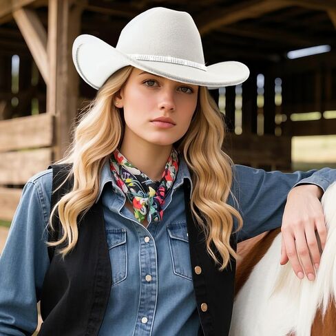DRESHOW Glitter Cowboy Hat Classic Western Rhinestone Cowgirl Hat Outdoor Wide Brim Retro Felt Fedora Hats Rolled up Caps in Kuwait