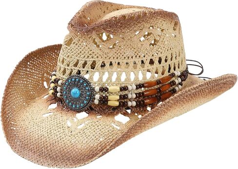 WOOH Cowboy Hats for Women and Men, Straw Cowgirl Hat with Wide Brim, Shapeable Brim and Adjustable Chin Strap for Rodeo in Kuwait
