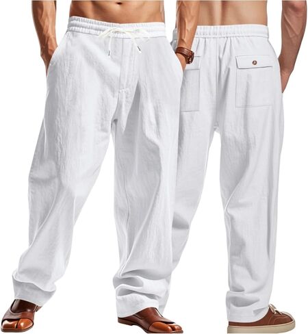 WENKOMG1 Mens Casual Sweatpants, Baggy Open Bottom Elastic Waist Casual Cotton Linen Sweatpants with Pockets, M-3XL in Kuwait