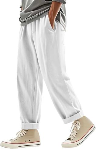 WENKOMG1 Mens Casual Sweatpants, Baggy Open Bottom Elastic Waist Casual Cotton Linen Sweatpants with Pockets, M-3XL in Kuwait
