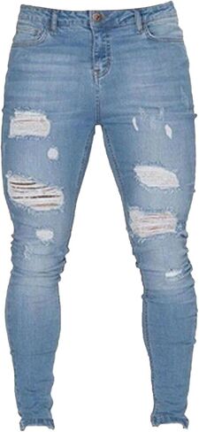 Men's Slim Fit Ripped Skinny Jeans Casual Moto Biker Jean Pants Fashion Stretch Destroyed Denim Pant in Saudi Arabia