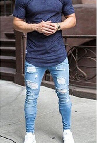 Men's Slim Fit Ripped Skinny Jeans Casual Moto Biker Jean Pants Fashion Stretch Destroyed Denim Pant in Saudi Arabia