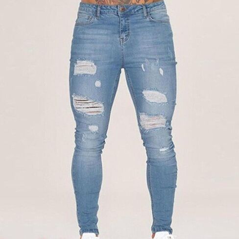 Men's Slim Fit Ripped Skinny Jeans Casual Moto Biker Jean Pants Fashion Stretch Destroyed Denim Pant in Saudi Arabia