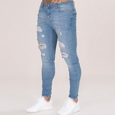 Men's Slim Fit Ripped Skinny Jeans Casual Moto Biker Jean Pants Fashion Stretch Destroyed Denim Pant in Saudi Arabia