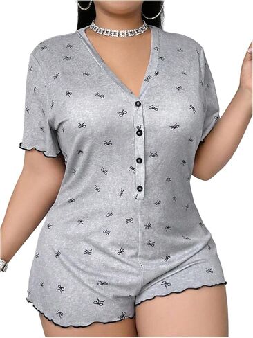 SOLY HUX Women's Plus Size One Piece Pajama Bow Print V Neck Button Down Sleep Rompers Loungewear in Kuwait