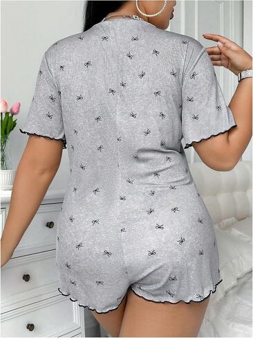 SOLY HUX Women's Plus Size One Piece Pajama Bow Print V Neck Button Down Sleep Rompers Loungewear in Kuwait
