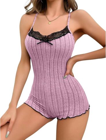 Women Sexy Lace One Piece Pajamas Butterfly Back Onesie Sleepwear Spaghetti Strap Romper Nightwear U-Neck Loungewear in Saudi Arabia