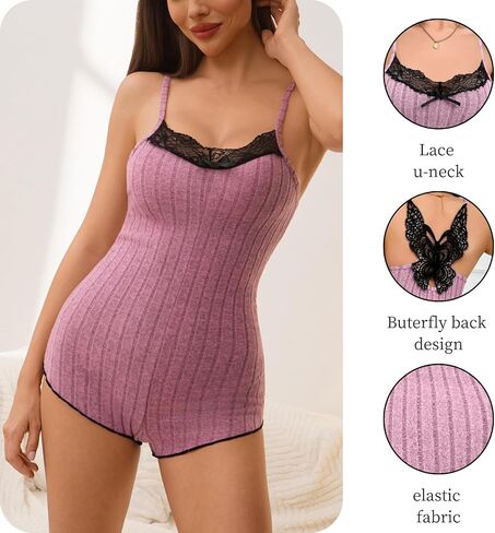 Women Sexy Lace One Piece Pajamas Butterfly Back Onesie Sleepwear Spaghetti Strap Romper Nightwear U-Neck Loungewear in Saudi Arabia
