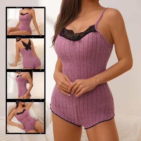 Women Sexy Lace One Piece Pajamas Butterfly Back Onesie Sleepwear Spaghetti Strap Romper Nightwear U-Neck Loungewear in Saudi Arabia
