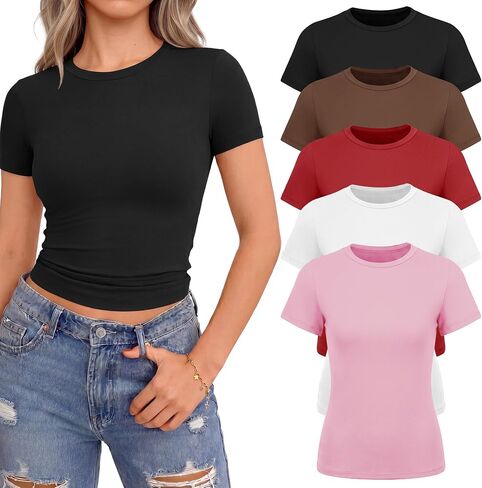 NexiEpoch 5 Pack T Shirts for Women - Crew Neck Short Sleeve Crop Tops Plain Casual Basic Tees Fitted Clothes Cute Y2K Outfit in Saudi Arabia