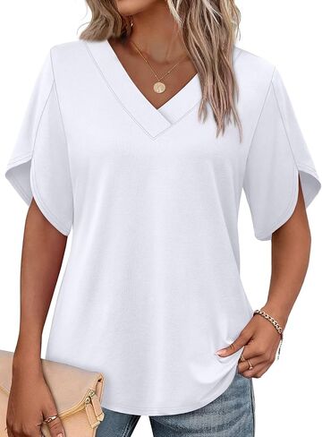 WIHOLL Womens Summer Tops Short Petal Sleeve Shirts Fashion V Neck Womens Clothing in Kuwait