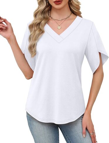 WIHOLL Womens Summer Tops Short Petal Sleeve Shirts Fashion V Neck Womens Clothing in Kuwait