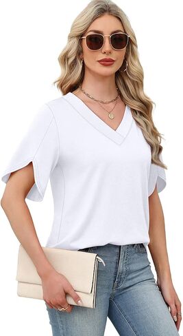 WIHOLL Womens Summer Tops Short Petal Sleeve Shirts Fashion V Neck Womens Clothing in Kuwait