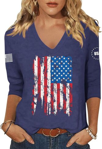 Woffccrd Womens 3/4 Sleeve V Neck American Flag T-Shirts 4th of July Independence Day Summer Graphic Tee Tops in Kuwait