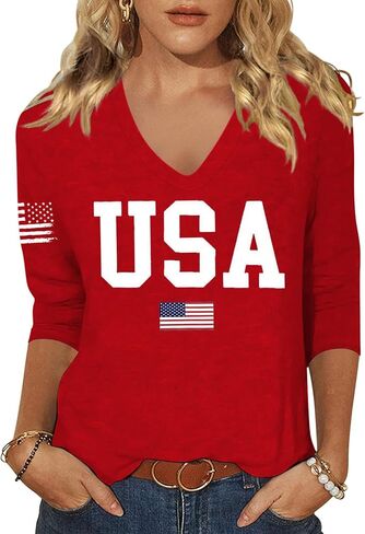 Woffccrd Womens 3/4 Sleeve V Neck American Flag T-Shirts 4th of July Independence Day Summer Graphic Tee Tops in Saudi Arabia