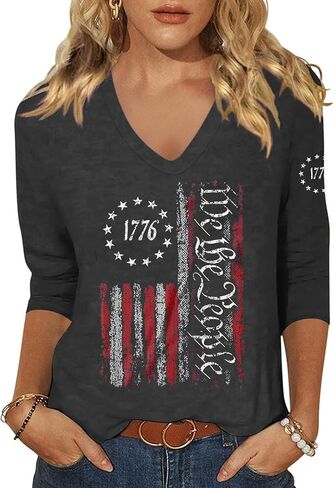 Woffccrd Womens 3/4 Sleeve V Neck American Flag T-Shirts 4th of July Independence Day Summer Graphic Tee Tops in Saudi Arabia