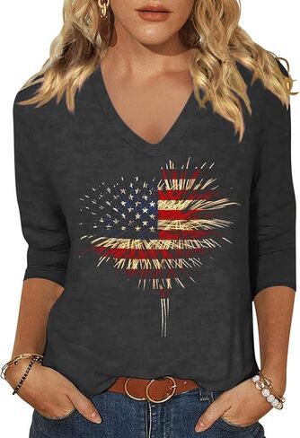 Woffccrd Womens 3/4 Sleeve V Neck American Flag T-Shirts 4th of July Independence Day Summer Graphic Tee Tops in Saudi Arabia