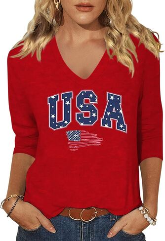 Woffccrd Womens 3/4 Sleeve V Neck American Flag T-Shirts 4th of July Independence Day Summer Graphic Tee Tops in Saudi Arabia