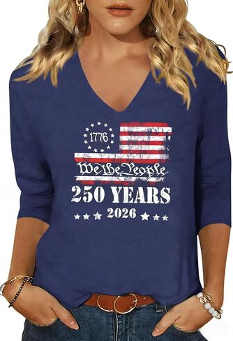 Woffccrd Womens 3/4 Sleeve V Neck American Flag T-Shirts 4th of July Independence Day Summer Graphic Tee Tops in Saudi Arabia
