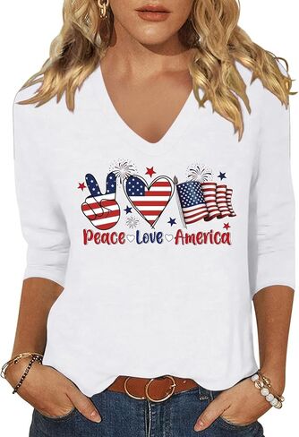 Woffccrd Womens 3/4 Sleeve V Neck American Flag T-Shirts 4th of July Independence Day Summer Graphic Tee Tops in Saudi Arabia