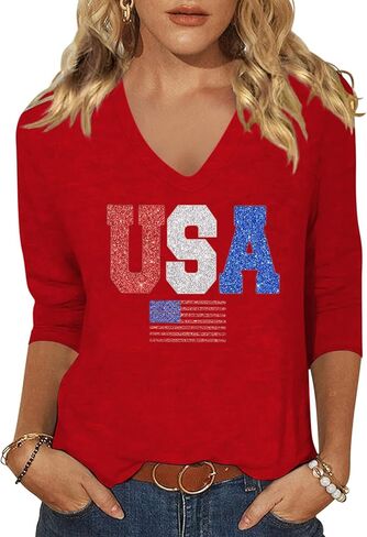 Woffccrd Womens 3/4 Sleeve V Neck American Flag T-Shirts 4th of July Independence Day Summer Graphic Tee Tops in Saudi Arabia