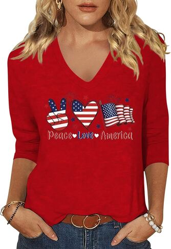 Woffccrd Womens 3/4 Sleeve V Neck American Flag T-Shirts 4th of July Independence Day Summer Graphic Tee Tops in Saudi Arabia