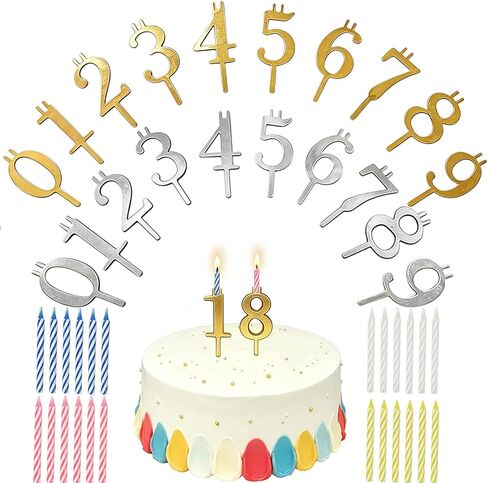2 Sets Number Birthday Candle Holder Set, Gold & Silver Metal Number Candle Holder with 24pcs Spiral Candles, Adjustable Candles Stand Decorations, Eco-Friendly Baking Accessories in Kuwait